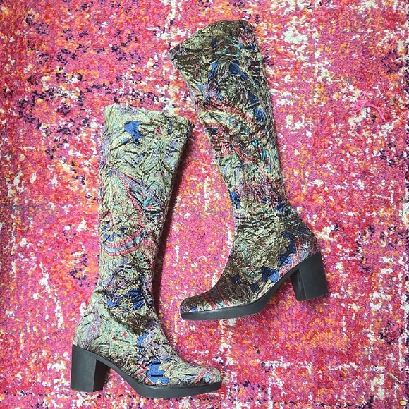 SOLD Velvet Metallic Paisley Gogo Boots Retro Vintage 90s 70s Style Toni Pons - Picture 3 of 12